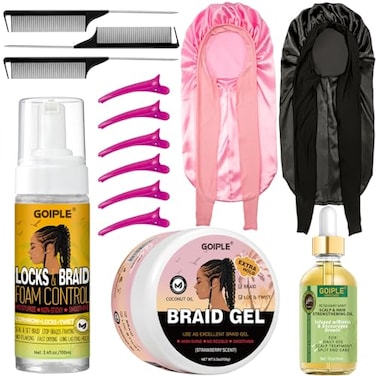 Goiple Extra Hold Braiding Kit Smoothing Gel for Twists Locs Braids Cornrows High Shine Long Lasting Braid Mousse Foam and Bonnet Tool