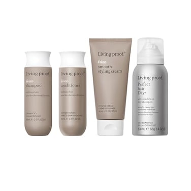 Living Proof Frizzy Hair Starter Kit Travel Size No Frizz Shampoo Conditioner Smooth Styling Cream and Advanced Clean Dry Shampoo 70 value