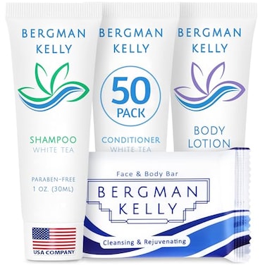 BERGMAN KELLY Hotel Toiletries Bundle White Tea 1 oz each 200 Pieces 4Piece Set 50 Rectangular Bar Soap 50 Shampoo 50 Conditioner 50 Body Lotion Bulk Mini Guest Amenities