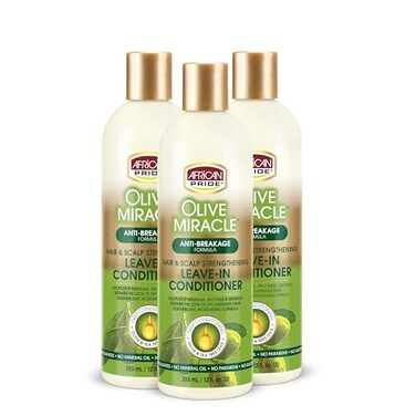 African Pride Olive Miracle LeaveIn Conditioner 3 Pack enriched with olive oil and tea tree to seal in moisture and prevent breakage 12oz