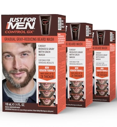 Just for Men Control GX Grey Reducing Beard Wash Shampoo with Keratin Gradually Colors Mustache and Beard Leaves Facial Hair Thicker Softer and Fuller 4 Fl Oz Pack of 3