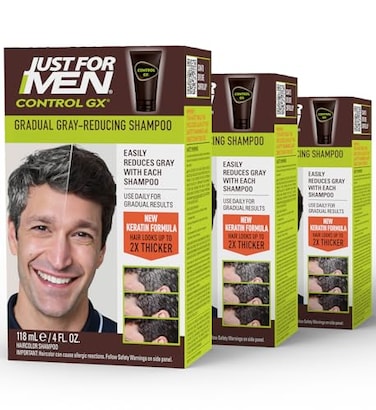 Just for Men Control GX Grey Reducing Shampoo Gradual Color with Keratin for Stronger Thicker and Healthier Looking 4 Fl Oz Pack of 3