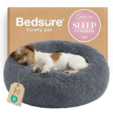 Bedsure Calming Dog Bed for Small Medium Dogs Donut Washable Medium Pet Bed 27 inches AntiSlip Round Fluffy Plush Faux Fur Cat Bed Dark Grey
