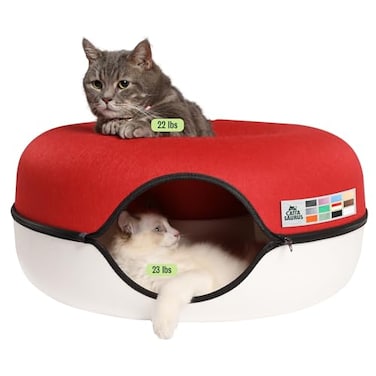 Cattasaurus Peekaboo Cat Cave Donut for Multiple Large Cats up to 3045 lbs 3in1 Self Warming Cat Bed Tunnel Scratcher for Indoor Cats Washable Detachable Dog Bed Ruby Snowball Large