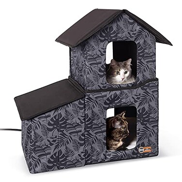 K&H Pet KH Pet Products TwoStory Outdoor Kitty House with Dining Room Heated Gray Leaf 27 X 22 X 27