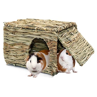BWOGUE Large Grass House for Guinea PigsHand Woven Straw Hut Foldable Small Animal Play Hideaway Bed with Double Openings Playhouse for Bunny Guinea Pig Chinchilla Ferret