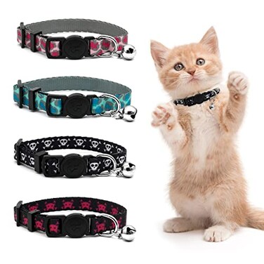 azuza 4 Pack Halloween Kitten Collar BreakawayQuick Release Safe Buckle Adjustable Kitten Collars Skull Crossbones Crossbones Pink Leopard and Blue Leopard