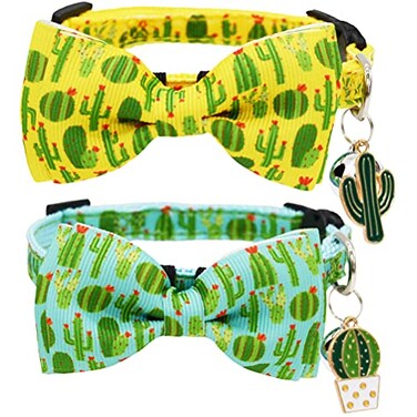 Diaurbsie 2 Pack Cactus Breakaway Cat Collar Bow Tie with Bell and Pendant Adjustable Safety Buckle Collars for Kitten Yellow and Green