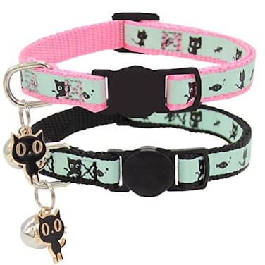 Barleygoo 2 Pack Glow in The Dark Cat Collar with Bell Breakaway Safety Cat Puppy Collars with Pendant Black and Pink