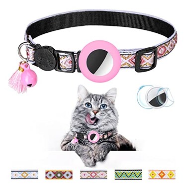 OEBEESA Airtag Cat Collar with Bell Adjustable Breakaway Kitten Collars Safety Buckle and Silicone Air Tag Holder Case Compatible with Apple Airtag Geometric Pattern Pet Collar Pink