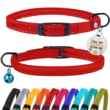 BRONZEDOG Cat Collar with Bell Kitten Rolled Leather Collars Safety QR ID Name Tag Red
