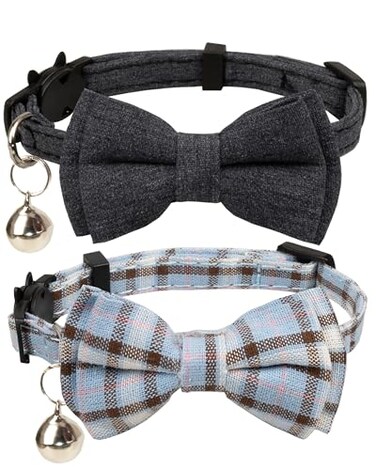 Gyapet Cat Collar Breakaway Bowtie Safety with Bell Adjustbale Kitten Puppy Solid Plaid Color Set D2pcs Grey