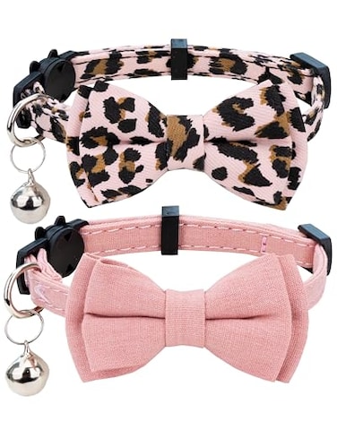 Gyapet Collar for Cat Pet Breakaway with Bell Bowtie Detachable Bow Adjustable Safety Kitten Puppy Girl Boy 2pcs Pink Leopard Pure