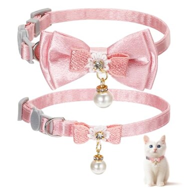 JJUNW 2Pack Adorable Cat Collar with Bow Cute Kitten Collars for Girl Cats Pink Cat Bows Accessories Breakaway Safety Cat Bowtie CollarStyle 1