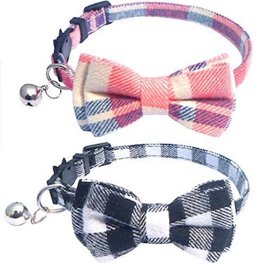 KUDES 2 PackSet Cat Collar Breakaway with Cute Bow Tie and Bell for Kitty and Some Puppies Adjustable from 78105 Inch