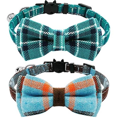 KUDES 2 PackSet Cat Collar Breakaway with Cute Bow Tie and Bell for Kitty and Some Puppies Adjustable from 78105 Inch CyanBlueBlueGray Plaid