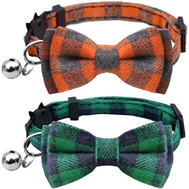 KUDES 2 PackSet Cat Collar Breakaway with Cute Bow Tie and Bell for Kitty and Some Puppies Adjustable from 78105 Inch GreenOrange Plaid