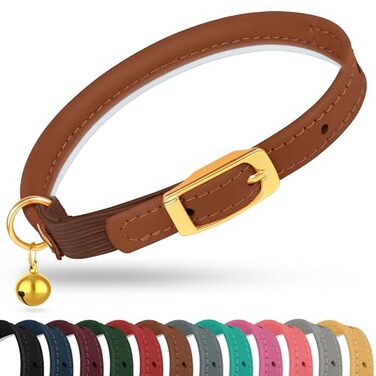 OOPSDOGGY Rolled Leather Cat Collar with Bell Reflective Kitten Collar with Safety Elastic Strap Adjustable Small Pet Collars for Boy Girl Cats Brown
