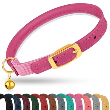 OOPSDOGGY Rolled Leather Cat Collar with Bell Reflective Kitten Collar with Safety Elastic Strap Adjustable Small Pet Collars for Boy Girl Cats Fuchsia