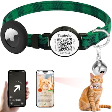 Taghelp Grid Cloth Breakaway Cat Collar with Smart ID tag with AirTag Holder and Bell Light AdjustableAirTag Integrated Air Tag Cat Collar for AppleTracker for Girl Boy Cats KittensGreen