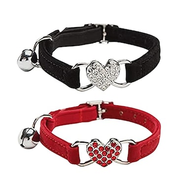 WDPAWS Heart Bling Cat Collar with Safety Belt and Bell Adjustable 810 inches for Kitten Cats BlackRed