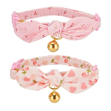YUDOTE Cotton Bowtie Cat Collar with Bell 2 Pack Adjustable Breakaway Kitten Collars with Removeable Bow Pink Girl Cat Collars