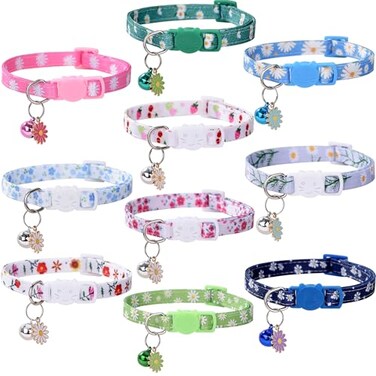 DALOO 10PC Floral Cat Collar Set with Bells Breakaway Safety for Kittens and Small Cats 1
