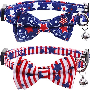 Lamphyface 2 Pack American Flag Cat Collar with Bell Bow Tie Star Breakaway Adjustable for 4th of July Independence Day