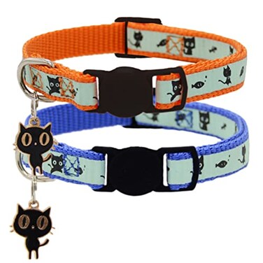 Barleygoo 2 Pack Glow in The Dark Cat Collar with Bell Breakaway Safety Cat Puppy Collars with Pendant Orange and Blue