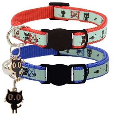 Barleygoo 2 Pack Glow in The Dark Cat Collar with Bell Breakaway Safety Cat Puppy Collars with Pendant Red and Blue