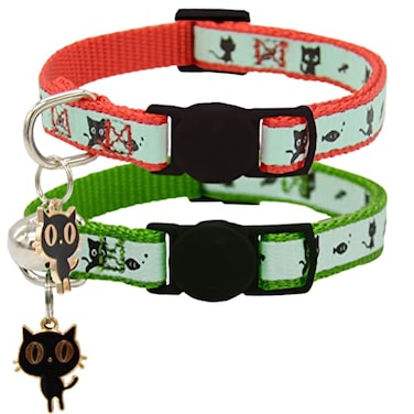 Barleygoo 2 Pack Glow in The Dark Cat Collar with Bell Breakaway Safety Cat Puppy Collars with Pendant Red and Green