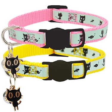 Barleygoo 2 Pack Glow in The Dark Cat Collar with Bell Breakaway Safety Cat Puppy Collars with Pendant Yellow and Pink