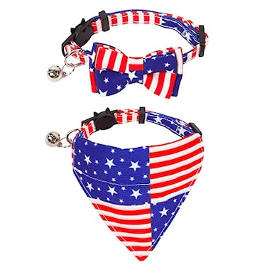 ADOGGYGO American Flag Cat Collar with Removable Bowtie Bandana Breakaway Patriotic Kitten Collars for Cat Kitten 4th of July