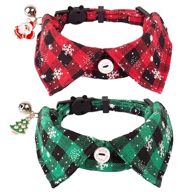 ADOGGYGO Christmas Cat Collars Breakaway with Bow Bell 2 Pack Xmas Kitten Formal Tuxedo with Removable Shirt Collar Red Green Plaid Christmas Collars for Cats 75 105