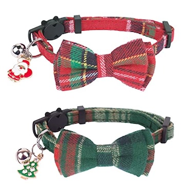 ADOGGYGO Christmas Cat Collars Breakaway with Removable Bow Tie Bell 2 Pack Red Green Plaid Christmas Bow Collar for Cats Kittens