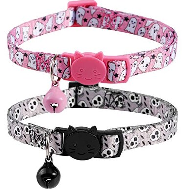 BoomBone 2 Pack Skull Cat CollarBreakaway Kitten Collars with Bell for Halloween