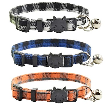 XPangle Breakaway cat Collars with Bell Set of 3 Durable Safe Cute Kitten Collars Safety Adjustable Kitty Collar for Cat Puppy 7511in BlackBlueOrange