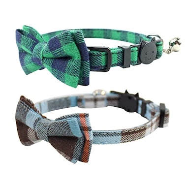 Pipidog Cat Collar Breakaway with Bell and Bow Tie Plaid Design Adjustable Safety Kitty Kitten Collars Set of 2 PCS 68108in GreenLight Blue Brown