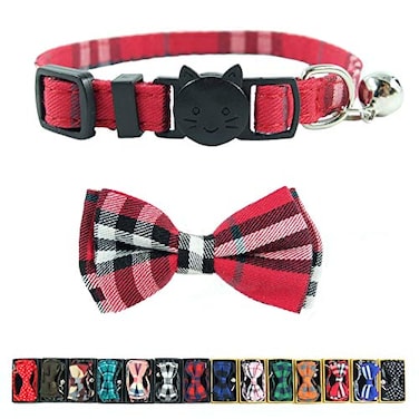 Pipidog Cat Collar Breakaway with Bell and Bow Tie Plaid Design Adjustable Safety Kitty Kitten Collars68108in Red Plaid 1
