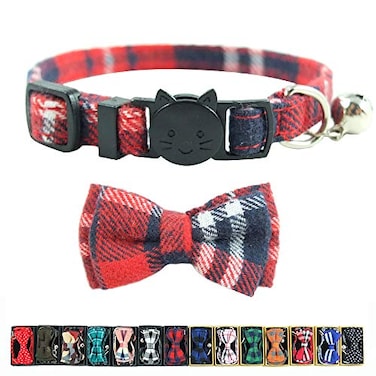 Pipidog Cat Collar Breakaway with Bell and Bow Tie Plaid Design Adjustable Safety Kitty Kitten Collars68108inRed Plaid 3