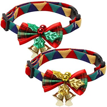 Coolrunner 2 Pack Cat Collar Breakaway with Cute Bow Tie and Bell Christmas Cat Plaid Collar Cute Bow Tie for Kitty and Some Puppies Adjustable Length