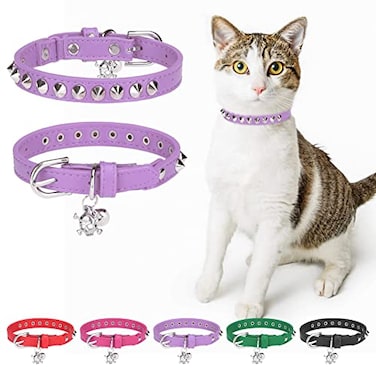 DILLYBUD Leather Cat Collars for Boy Girl Cats with Bell and Safety Elastic Belt Personalized Rivets Stud Adjustable Safe Buckle Collar with Skull Charm for Kitty Small Pets Halloween Cat Collar