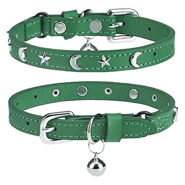 DILLYBUD Leather Cat Collars for Boy Girl Cats with Bell and Safety Elastic Belt Personalized Star and Moon Stud Adjustable Safe Buckle Collar for Kitty Small Big Cats Size 79 Inch Green