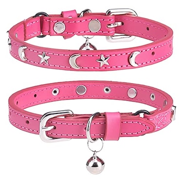 DILLYBUD Leather Cat Collars for Boy Girl Cats with Bell and Safety Elastic Belt Personalized Star and Moon Stud Adjustable Safe Buckle Collar for Kitty Small Big Cats Size 812 Inch Rose