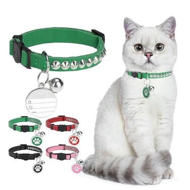 DILLYBUD Leather Personalized Breakaway Cat Collar with Studded Bell and Safety Quick Release Buckle Rivets Studded ID DIY Collars for Boy Girl Cats Kittens 9 115 Green