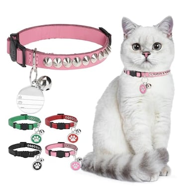 DILLYBUD Leather Personalized Breakaway Cat Collar with Studded Bell and Safety Quick Release Buckle Rivets Studded ID DIY Collars for Boy Girl Cats Kittens 9 115 Pink