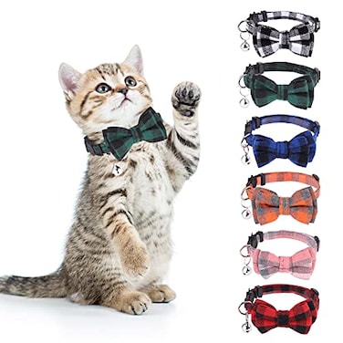 DragonflyDreams 6 PCS Cat Collars with Bow Tie and BellCat Collars PlaidBreakaway Adjustable Cat Bow Tie CollarsCute Bow Tie Suitable for Kittens Or Certain Puppies