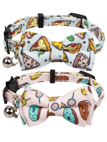 Gyapet Cat Collar Set Safety Detachable Bow Tie with Bell Funny Pattern Male Female Kitten 2pcs Pizza Donut