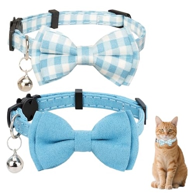 Gyapet Cat Collar with Bow Tie 2pcs Set Bell Boy Girl Kitten Safety Plaid Grid Checkered Solid Color Suede Velvet Cute Soft Gift 2pcs Blue