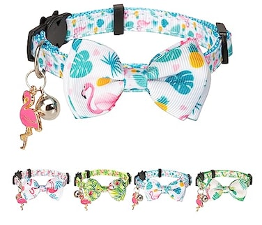 Gyapet Cat Collar with Bow Tie Pink Flamingo Bell Pendant Charm Safety Detachable Cute Kitten Forest Tropic Leaf Plant Pattern Flamingo D